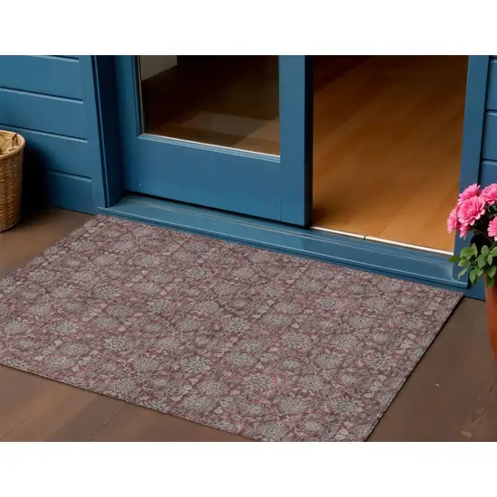 Merlot Gray And Taupe Floral Washable Indoor Outdoor Area Rug Photo 1