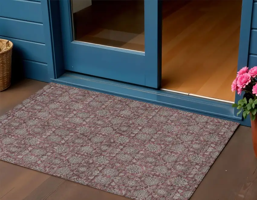 Merlot Gray And Taupe Floral Washable Indoor Outdoor Area Rug Photo 1