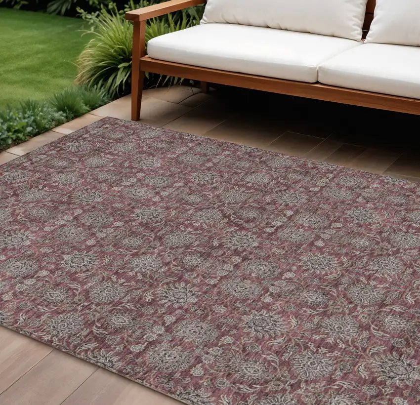 Merlot Gray And Taupe Floral Washable Indoor Outdoor Area Rug Photo 1