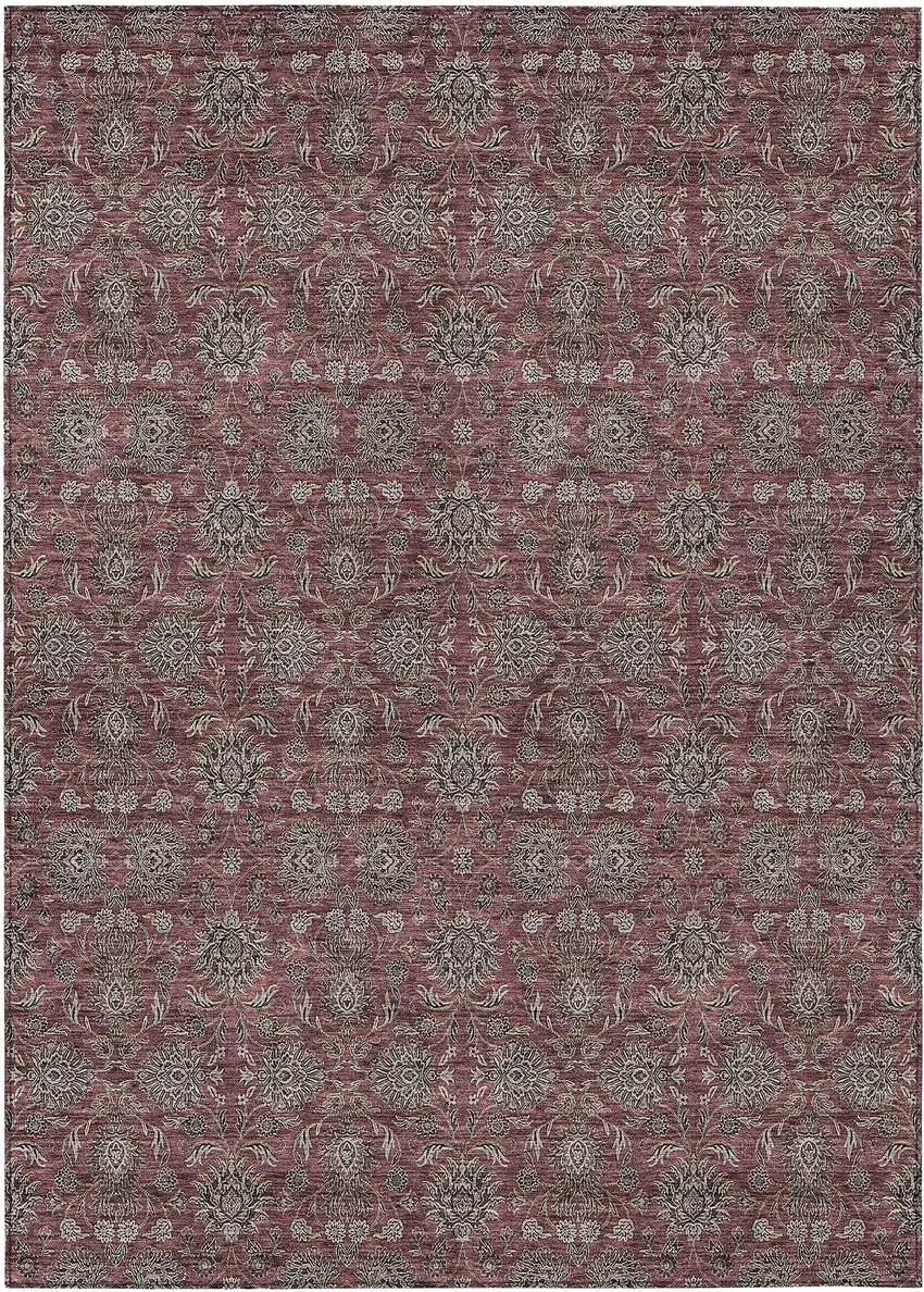 Merlot Gray And Taupe Floral Washable Indoor Outdoor Area Rug Photo 1