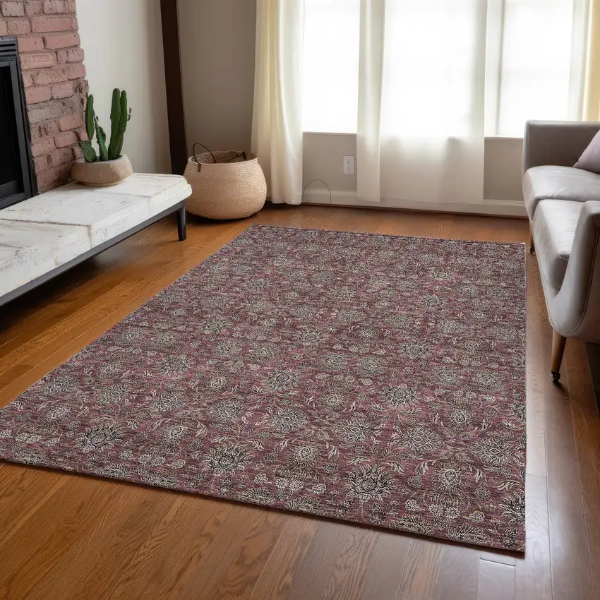 Merlot Gray And Taupe Floral Washable Indoor Outdoor Area Rug Photo 8