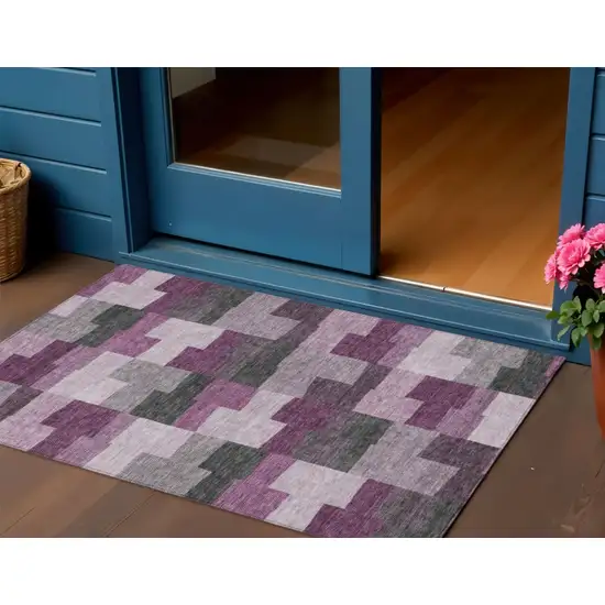 Merlot Mauve And Charcoal Geometric Washable Indoor Outdoor Area Rug Photo 1