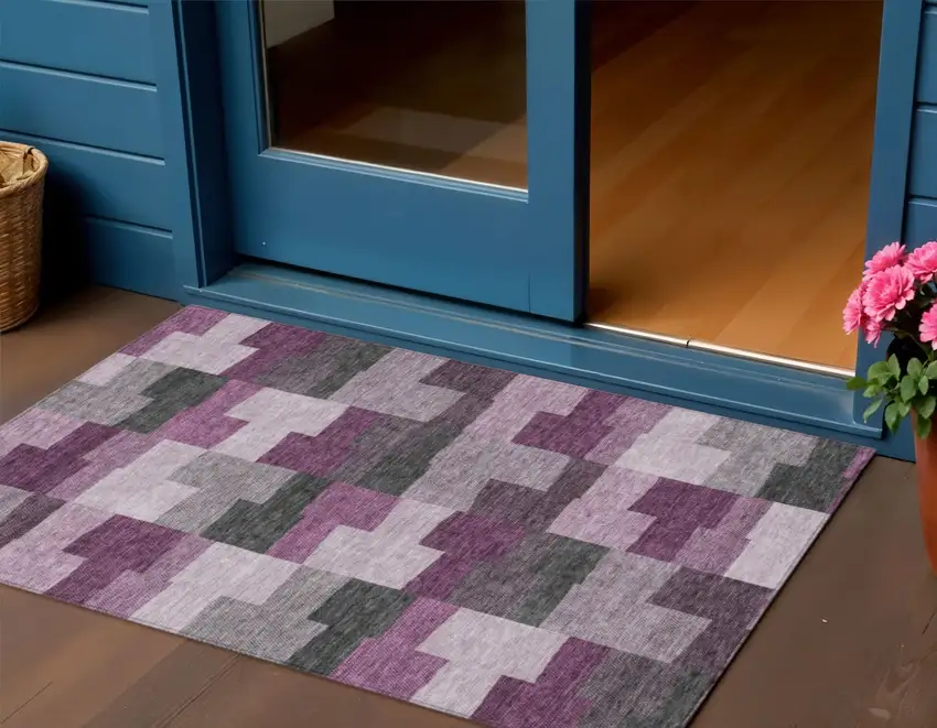 Merlot Mauve And Charcoal Geometric Washable Indoor Outdoor Area Rug Photo 1