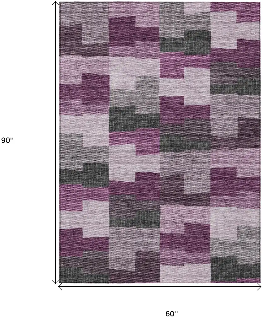 Merlot Mauve And Charcoal Geometric Washable Indoor Outdoor Area Rug Photo 3
