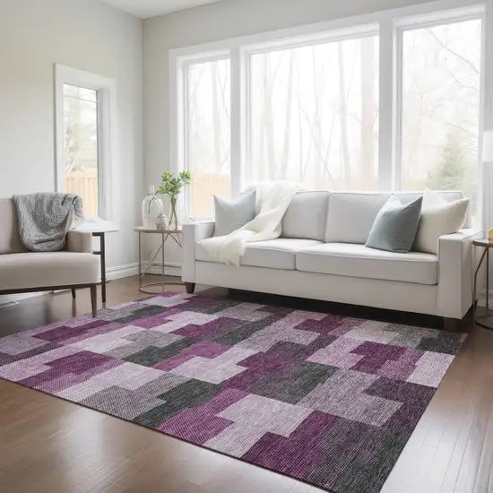 Merlot Mauve And Charcoal Geometric Washable Indoor Outdoor Area Rug Photo 9