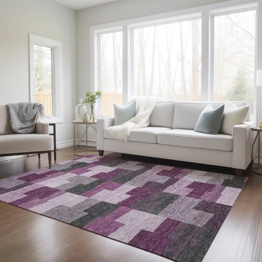 Merlot Mauve And Charcoal Geometric Washable Indoor Outdoor Area Rug Photo 9