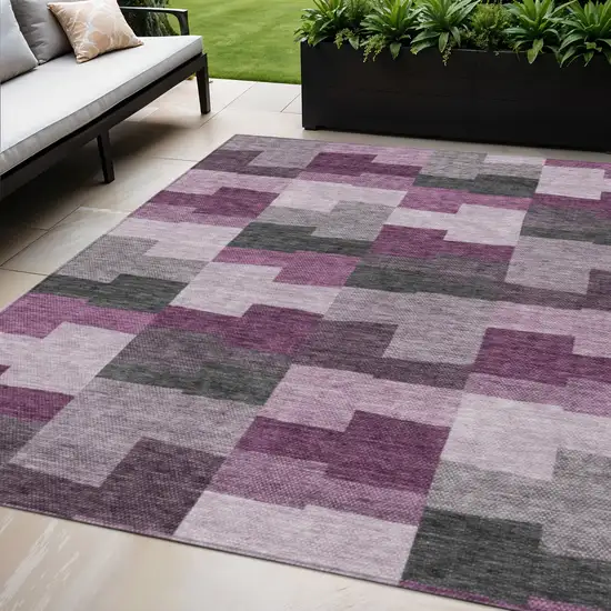 Merlot Mauve And Charcoal Geometric Washable Indoor Outdoor Area Rug Photo 1