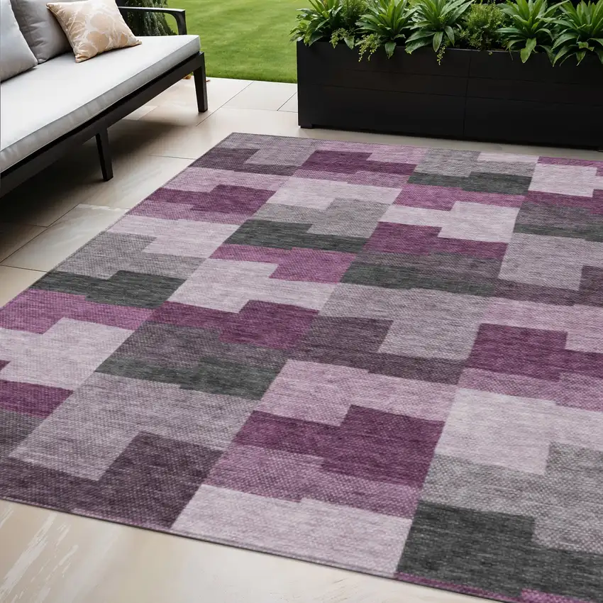Merlot Mauve And Charcoal Geometric Washable Indoor Outdoor Area Rug Photo 1