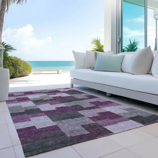 Merlot Mauve And Charcoal Geometric Washable Indoor Outdoor Area Rug Photo 9