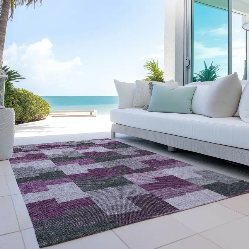 Merlot Mauve And Charcoal Geometric Washable Indoor Outdoor Area Rug Photo 9