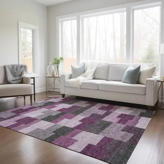 Merlot Mauve And Charcoal Geometric Washable Indoor Outdoor Area Rug Photo 9