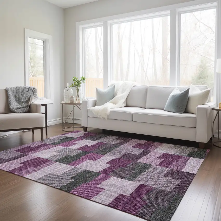 Merlot Mauve And Charcoal Geometric Washable Indoor Outdoor Area Rug Photo 9