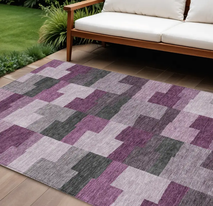 Merlot Mauve And Charcoal Geometric Washable Indoor Outdoor Area Rug Photo 1