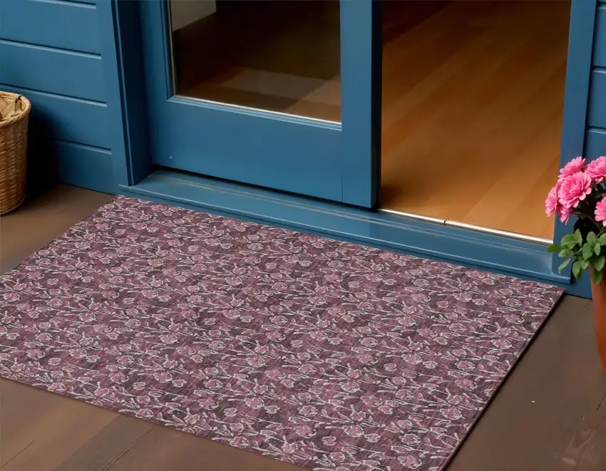 Merlot Mauve And Ivory Floral Washable Indoor Outdoor Area Rug Photo 1