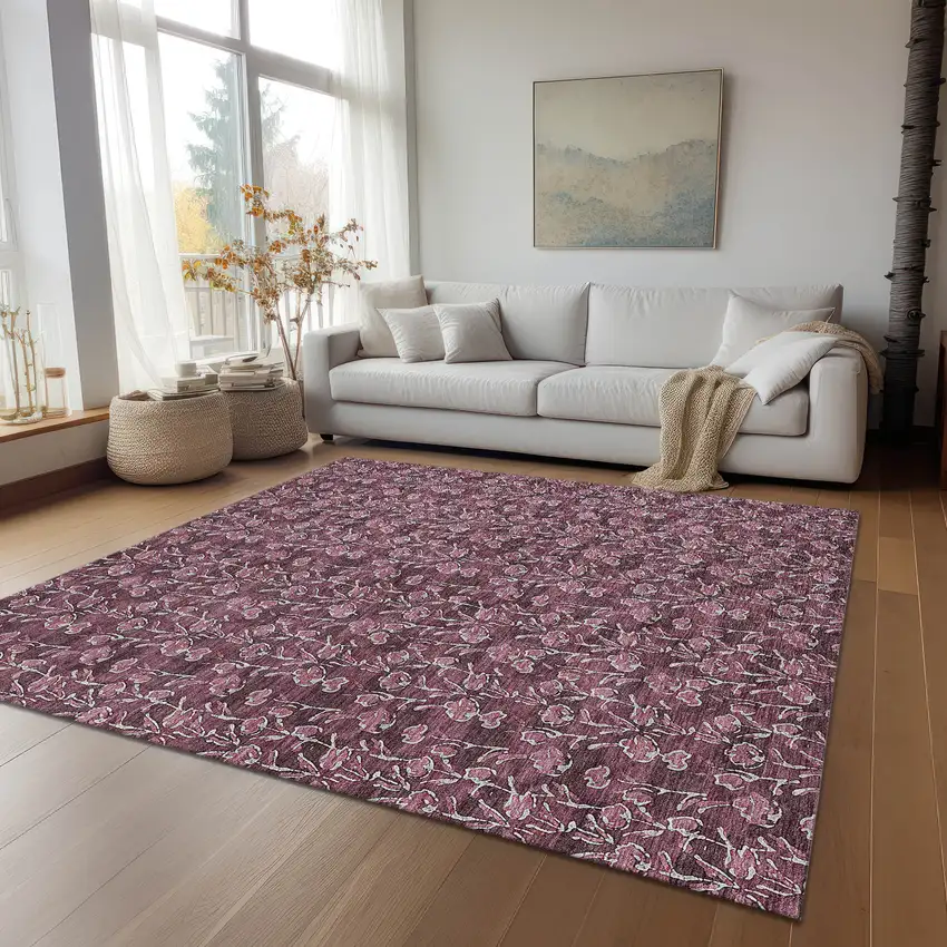 Merlot Mauve And Ivory Floral Washable Indoor Outdoor Area Rug Photo 9