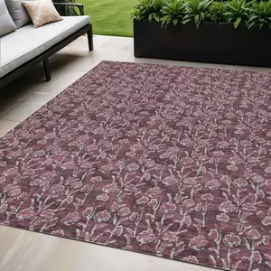 Photo of Merlot Mauve And Ivory Floral Washable Indoor Outdoor Area Rug