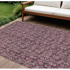 Photo of Merlot Mauve And Ivory Floral Washable Indoor Outdoor Area Rug