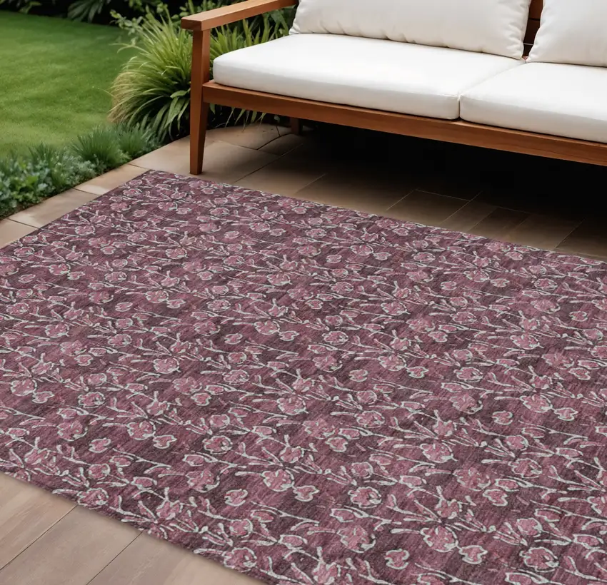 Merlot Mauve And Ivory Floral Washable Indoor Outdoor Area Rug Photo 1