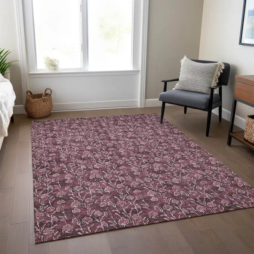 Merlot Mauve And Ivory Floral Washable Indoor Outdoor Area Rug Photo 9