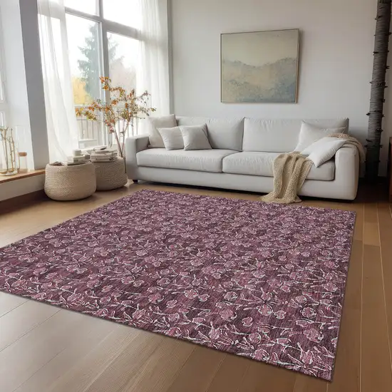 Merlot Mauve And Ivory Floral Washable Indoor Outdoor Area Rug Photo 6