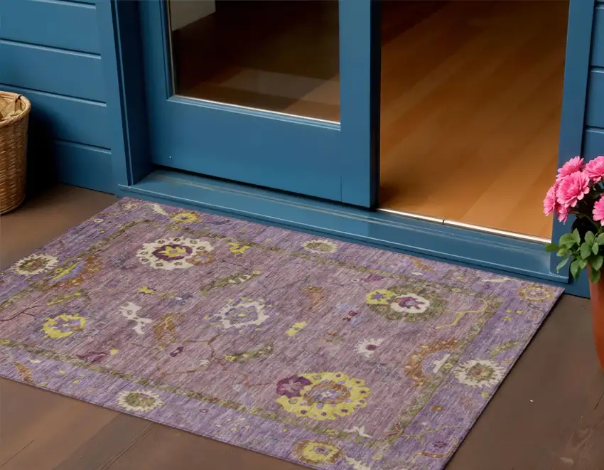 Merlot Plum And Gold Floral Medallion Washable Indoor Outdoor Area Rug Photo 1