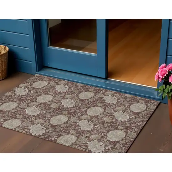 Merlot Taupe And Beige Floral Washable Indoor Outdoor Area Rug Photo 1