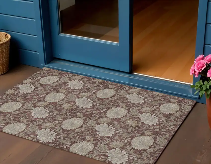 Merlot Taupe And Beige Floral Washable Indoor Outdoor Area Rug Photo 1