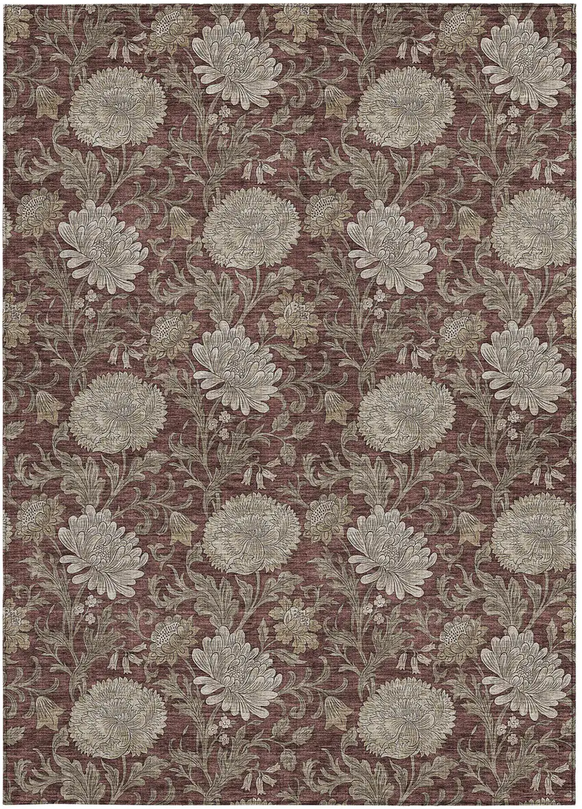 Merlot Taupe And Beige Floral Washable Indoor Outdoor Area Rug Photo 8