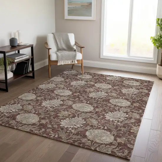 Merlot Taupe And Beige Floral Washable Indoor Outdoor Area Rug Photo 9