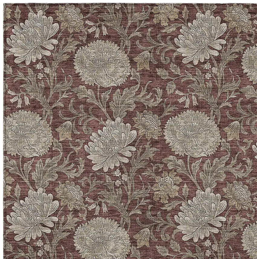 Merlot Taupe And Beige Floral Washable Indoor Outdoor Area Rug Photo 7