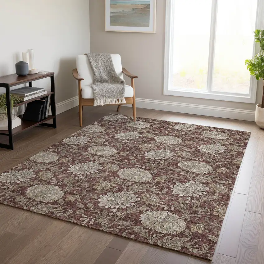 Merlot Taupe And Beige Floral Washable Indoor Outdoor Area Rug Photo 9