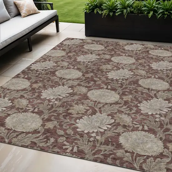 Merlot Taupe And Beige Floral Washable Indoor Outdoor Area Rug Photo 1
