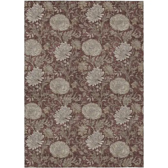 Merlot Taupe And Beige Floral Washable Indoor Outdoor Area Rug Photo 2