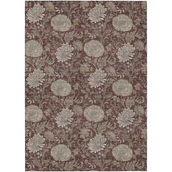 Merlot Taupe And Beige Floral Washable Indoor Outdoor Area Rug Photo 2