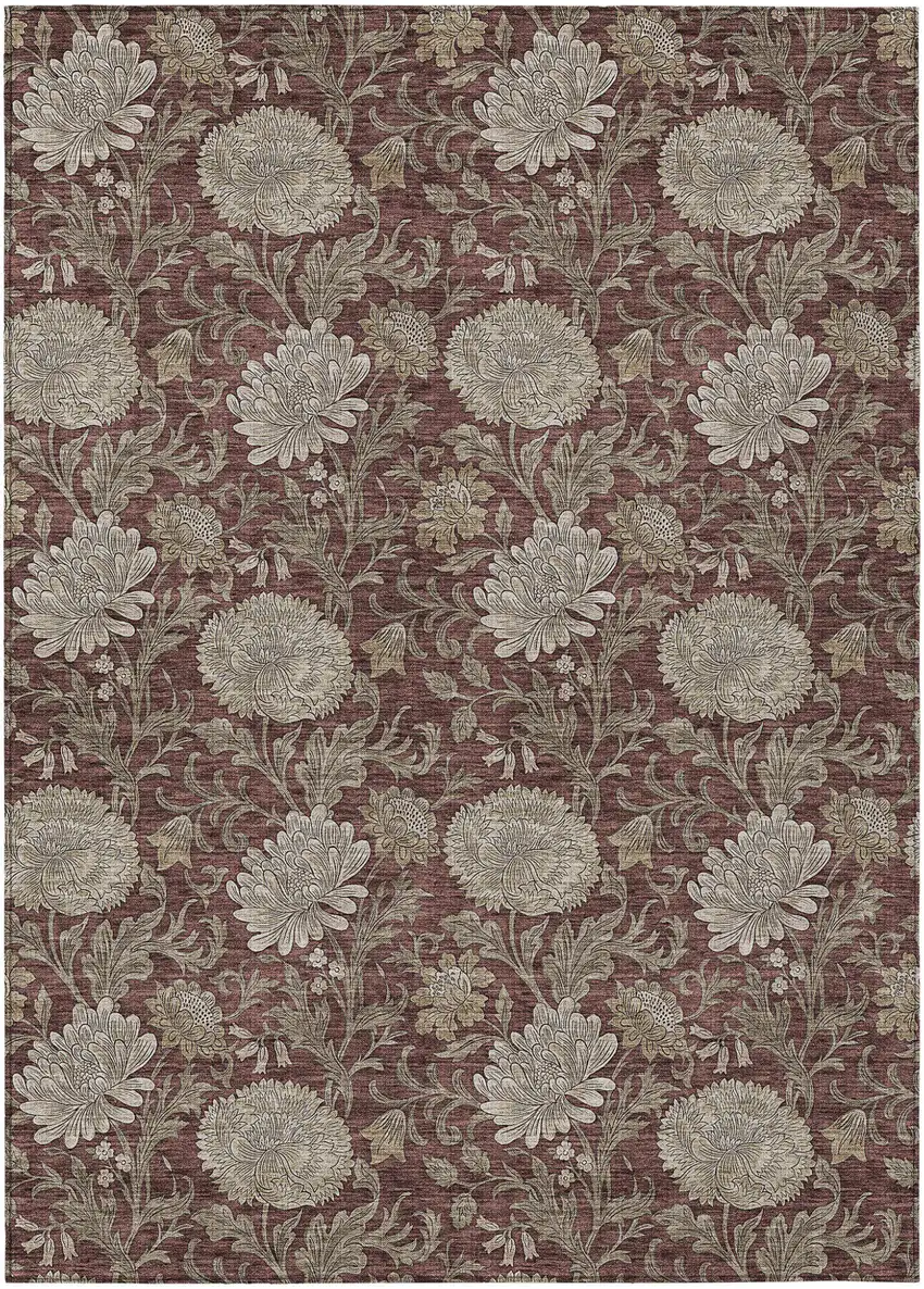 Merlot Taupe And Beige Floral Washable Indoor Outdoor Area Rug Photo 2