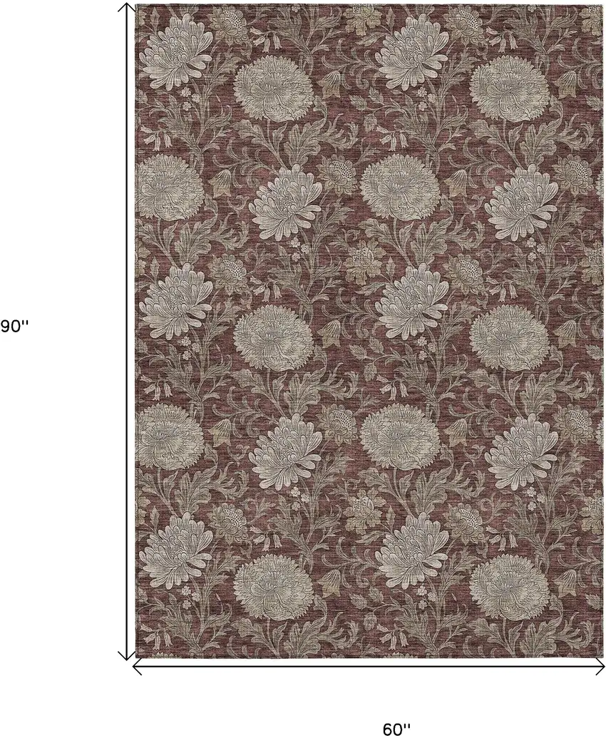 Merlot Taupe And Beige Floral Washable Indoor Outdoor Area Rug Photo 3