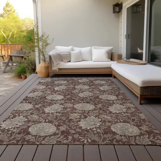 Merlot Taupe And Beige Floral Washable Indoor Outdoor Area Rug Photo 8