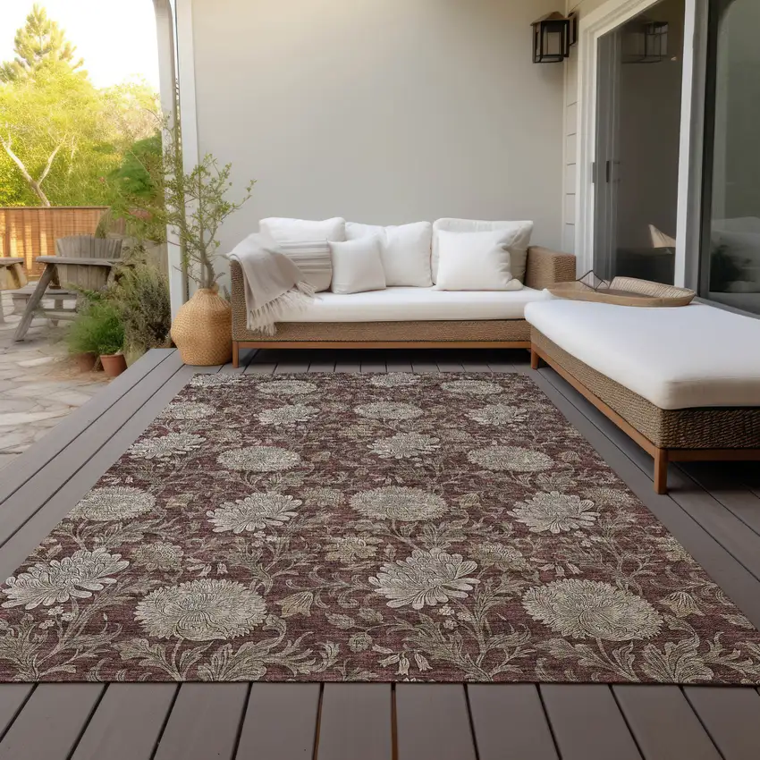 Merlot Taupe And Beige Floral Washable Indoor Outdoor Area Rug Photo 8