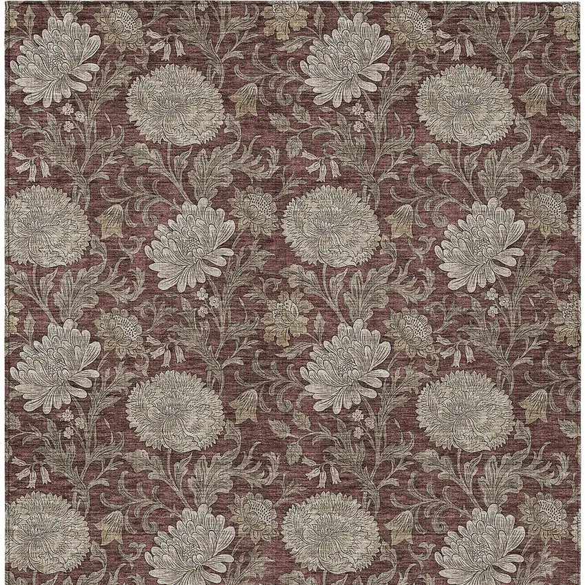 Merlot Taupe And Beige Floral Washable Indoor Outdoor Area Rug Photo 7