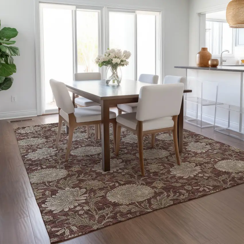 Merlot Taupe And Beige Floral Washable Indoor Outdoor Area Rug Photo 9