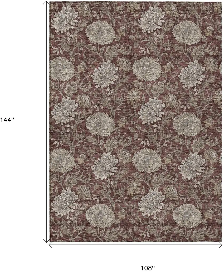Merlot Taupe And Beige Floral Washable Indoor Outdoor Area Rug Photo 3