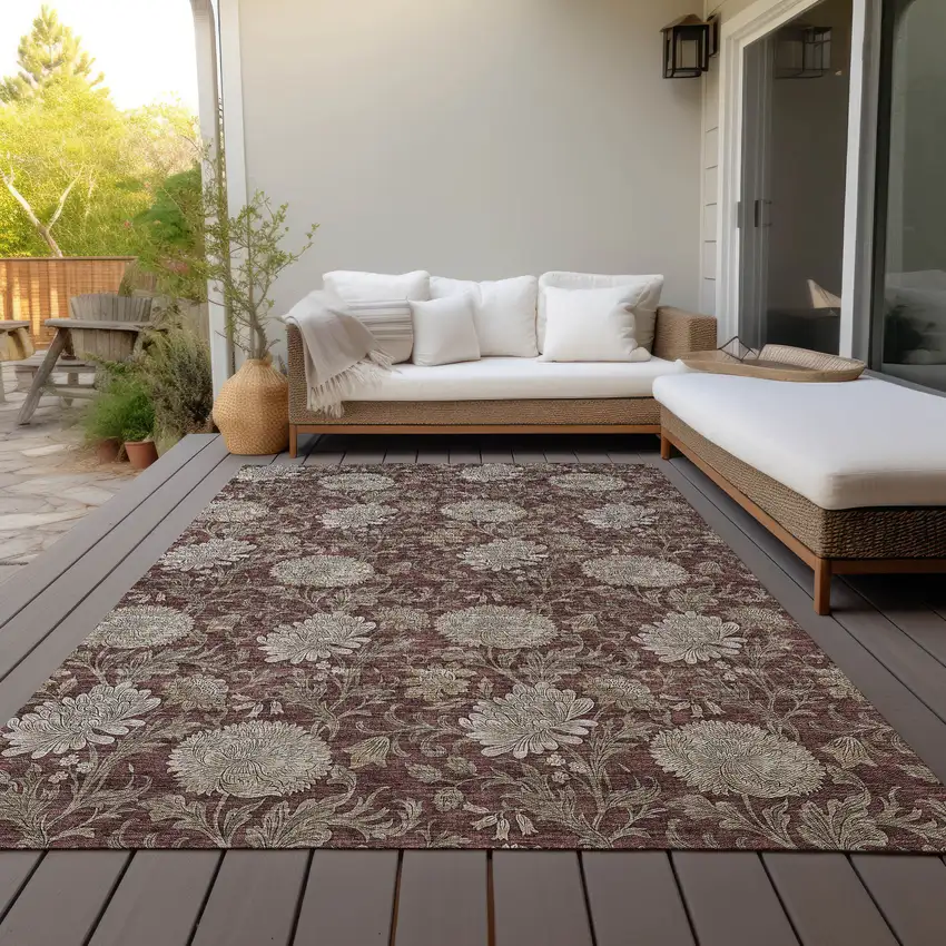 Merlot Taupe And Beige Floral Washable Indoor Outdoor Area Rug Photo 8