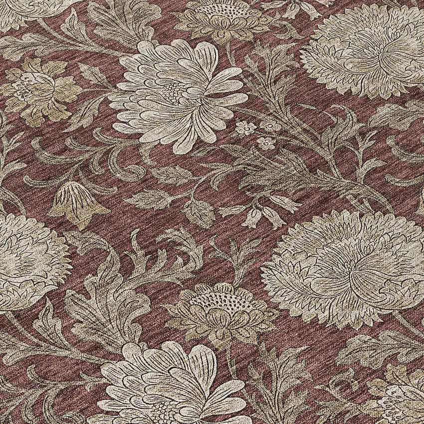 Merlot Taupe And Beige Floral Washable Indoor Outdoor Area Rug Photo 5