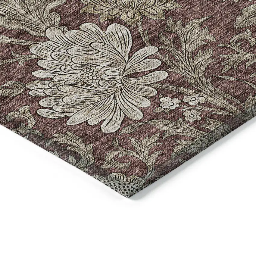 Merlot Taupe And Beige Floral Washable Indoor Outdoor Area Rug Photo 4
