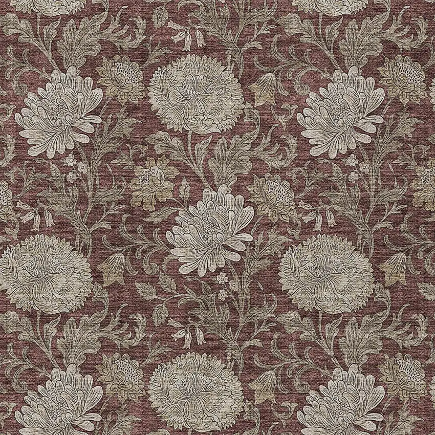 Merlot Taupe And Beige Floral Washable Indoor Outdoor Area Rug Photo 6