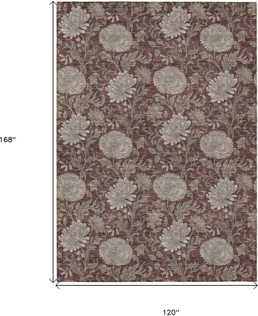 Merlot Taupe And Beige Floral Washable Indoor Outdoor Area Rug Photo 3