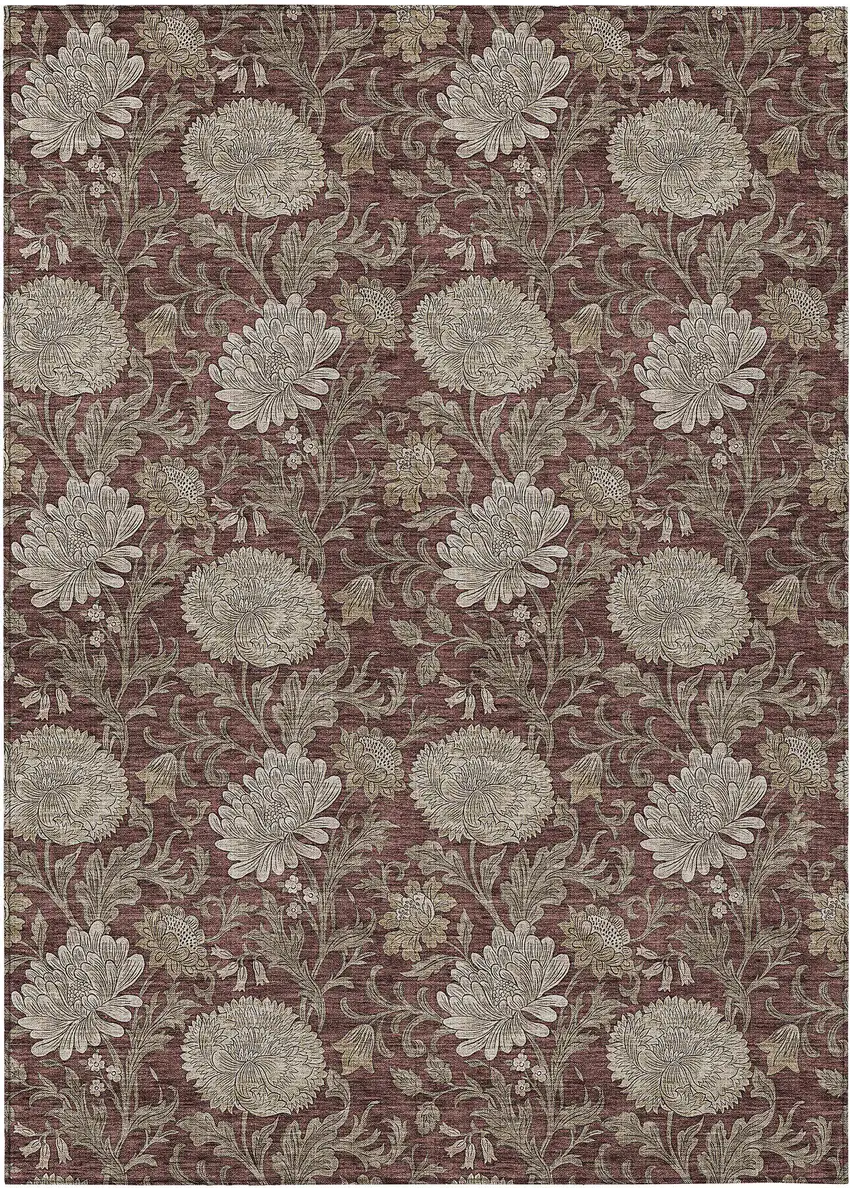 Merlot Taupe And Beige Floral Washable Indoor Outdoor Area Rug Photo 2