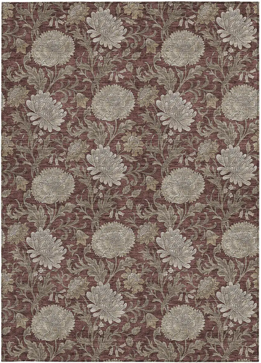 Merlot Taupe And Beige Floral Washable Indoor Outdoor Area Rug Photo 7