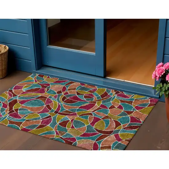 Merlot Teal Blue And Olive Green Geometric Washable Indoor Outdoor Area Rug Photo 2