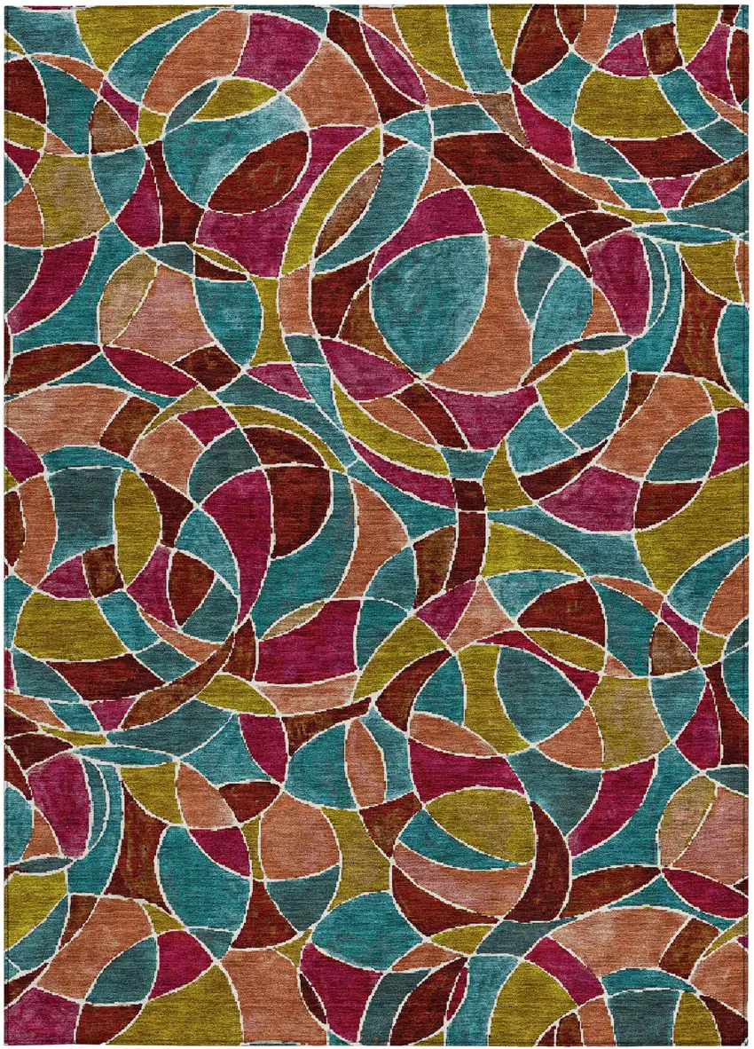 Merlot Teal Blue And Olive Green Geometric Washable Indoor Outdoor Area Rug Photo 4